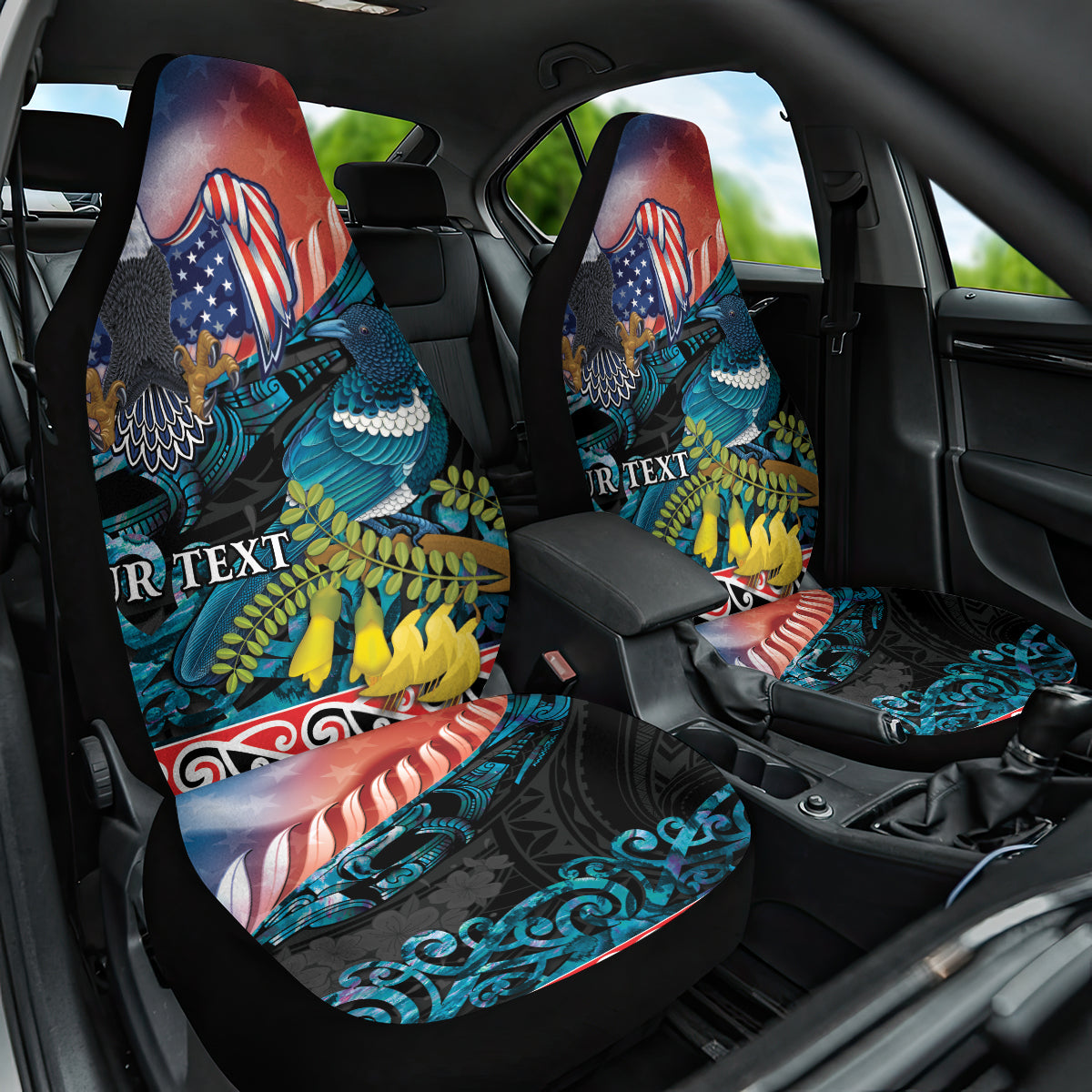 Personalised United States And New Zealand Car Seat Cover USA Eagle With Kowhai Aotearoa Tui Bird