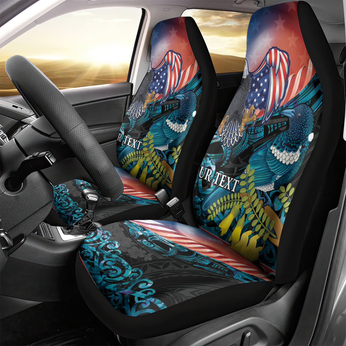 Personalised United States And New Zealand Car Seat Cover USA Eagle With Kowhai Aotearoa Tui Bird