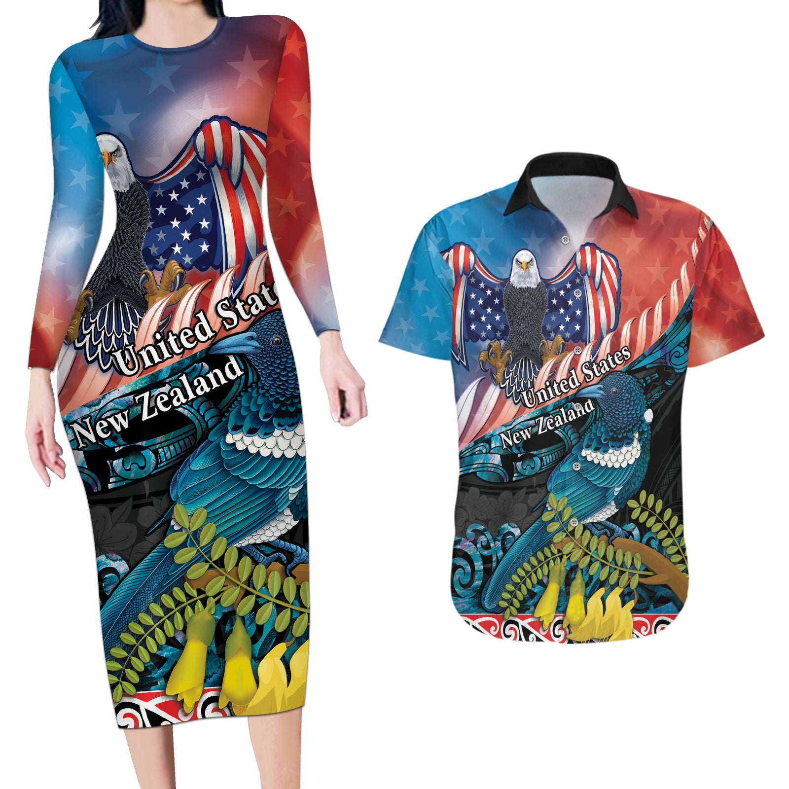Personalised United States And New Zealand Couples Matching Long Sleeve Bodycon Dress and Hawaiian Shirt USA Eagle With Kowhai Aotearoa Tui Bird LT14 Blue - Polynesian Pride