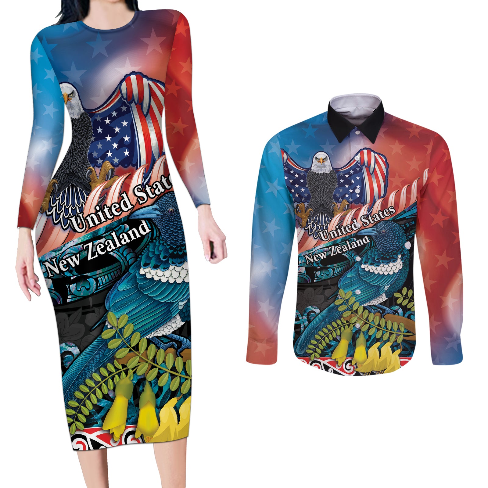 Personalised United States And New Zealand Couples Matching Long Sleeve Bodycon Dress and Long Sleeve Button Shirt USA Eagle With Kowhai Aotearoa Tui Bird LT14 Blue - Polynesian Pride