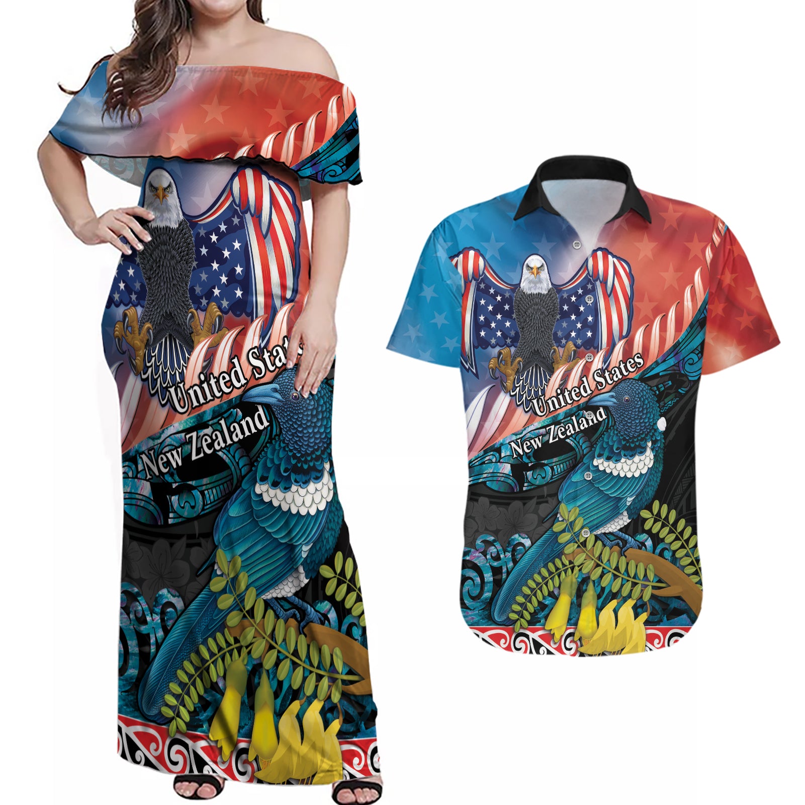 Personalised United States And New Zealand Couples Matching Off Shoulder Maxi Dress and Hawaiian Shirt USA Eagle With Kowhai Aotearoa Tui Bird