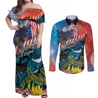 Personalised United States And New Zealand Couples Matching Off Shoulder Maxi Dress and Long Sleeve Button Shirt USA Eagle With Kowhai Aotearoa Tui Bird