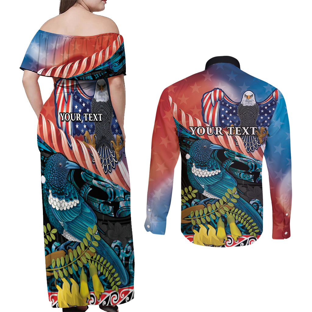 Personalised United States And New Zealand Couples Matching Off Shoulder Maxi Dress and Long Sleeve Button Shirt USA Eagle With Kowhai Aotearoa Tui Bird