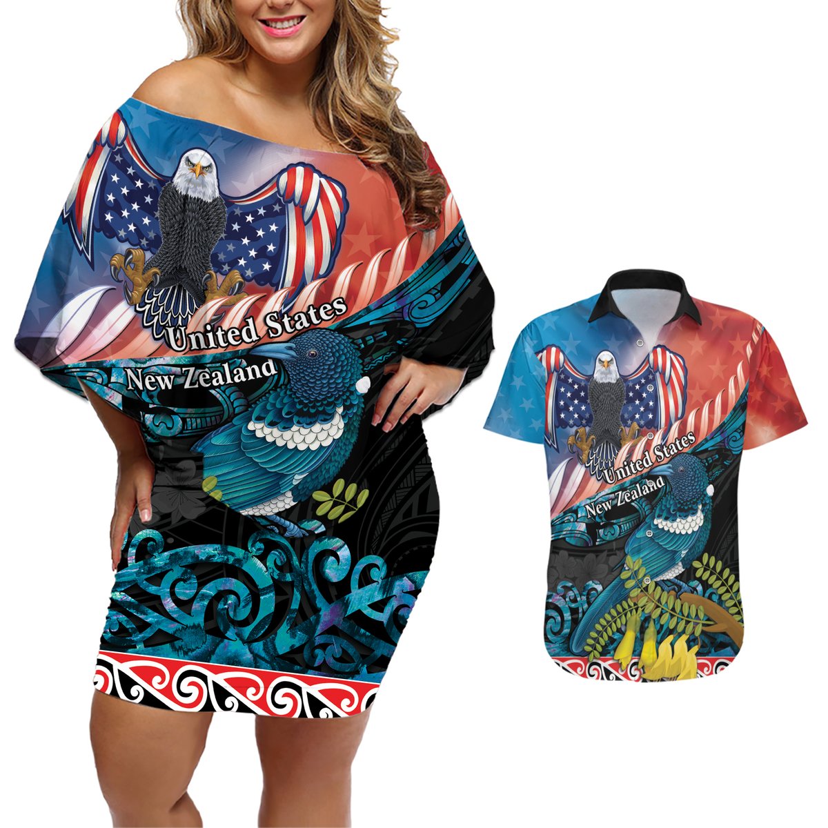 Personalised United States And New Zealand Couples Matching Off Shoulder Short Dress and Hawaiian Shirt USA Eagle With Kowhai Aotearoa Tui Bird LT14 Blue - Polynesian Pride
