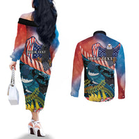 Personalised United States And New Zealand Couples Matching Off The Shoulder Long Sleeve Dress and Long Sleeve Button Shirt USA Eagle With Kowhai Aotearoa Tui Bird