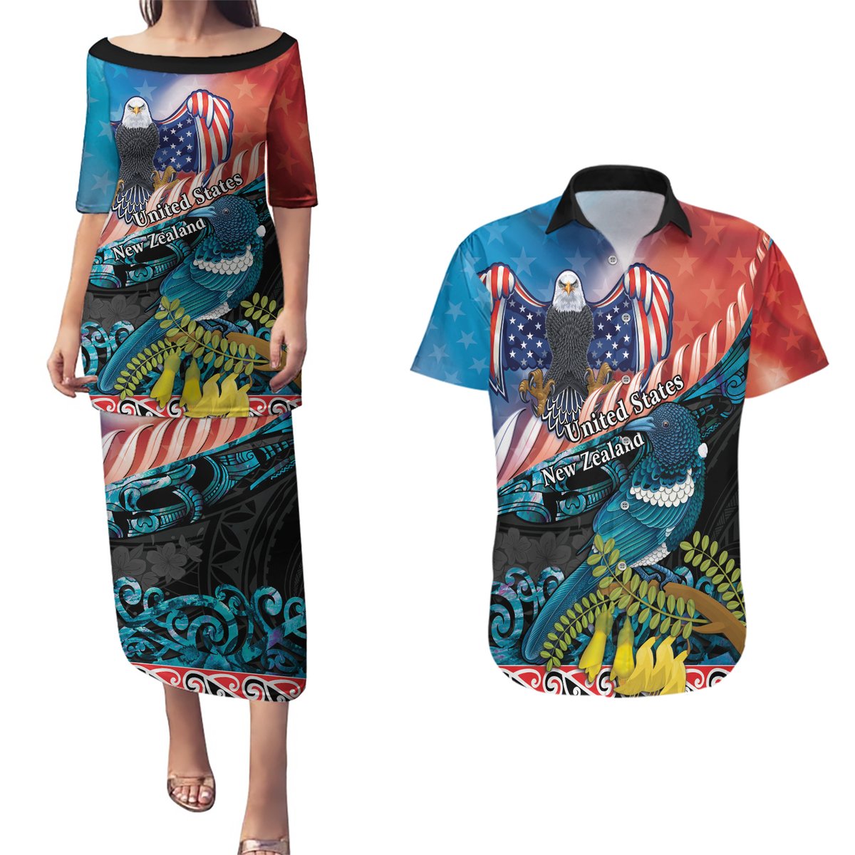 Personalised United States And New Zealand Couples Matching Puletasi and Hawaiian Shirt USA Eagle With Kowhai Aotearoa Tui Bird