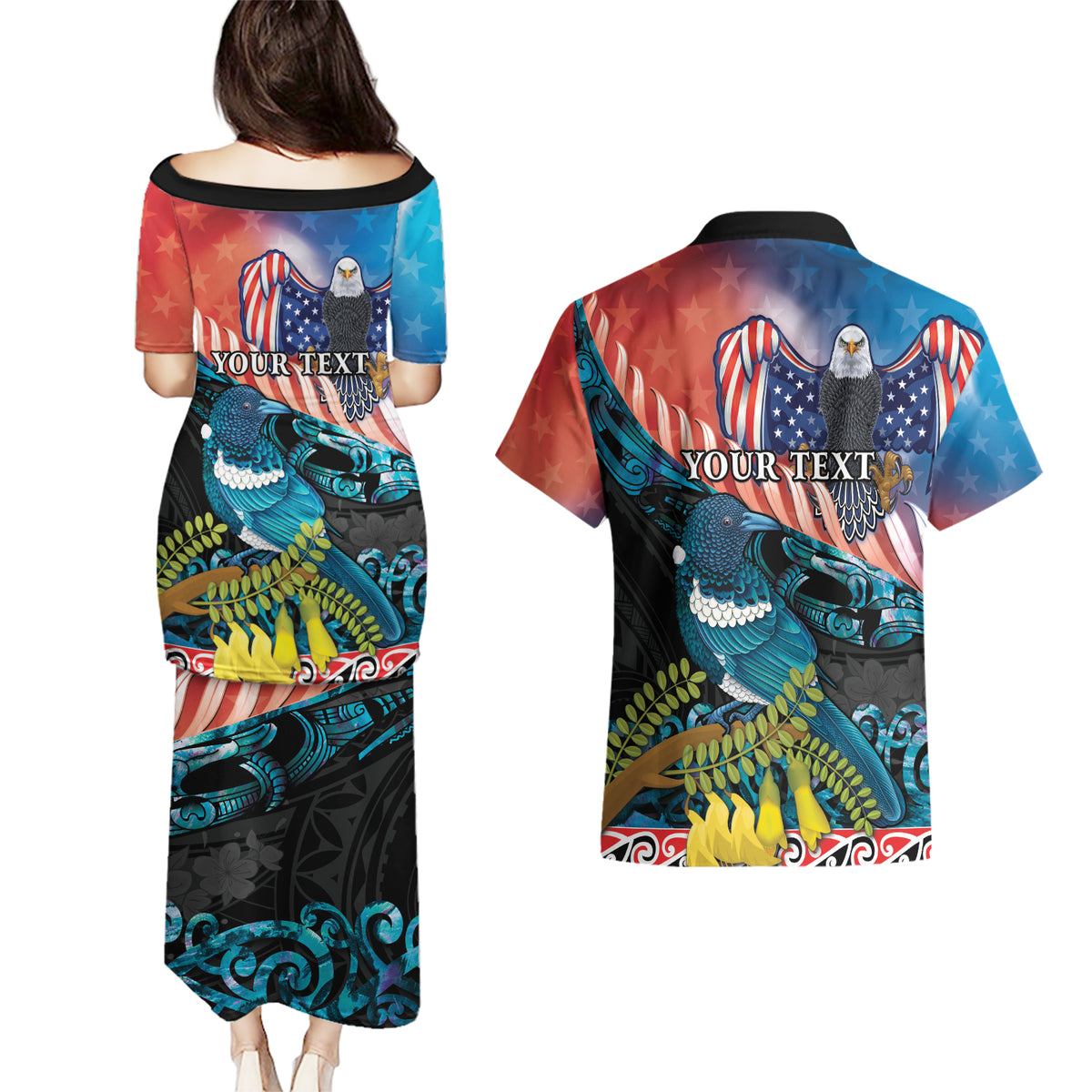 Personalised United States And New Zealand Couples Matching Puletasi and Hawaiian Shirt USA Eagle With Kowhai Aotearoa Tui Bird
