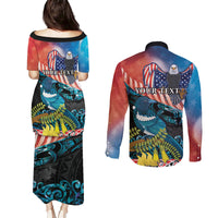 Personalised United States And New Zealand Couples Matching Puletasi and Long Sleeve Button Shirt USA Eagle With Kowhai Aotearoa Tui Bird