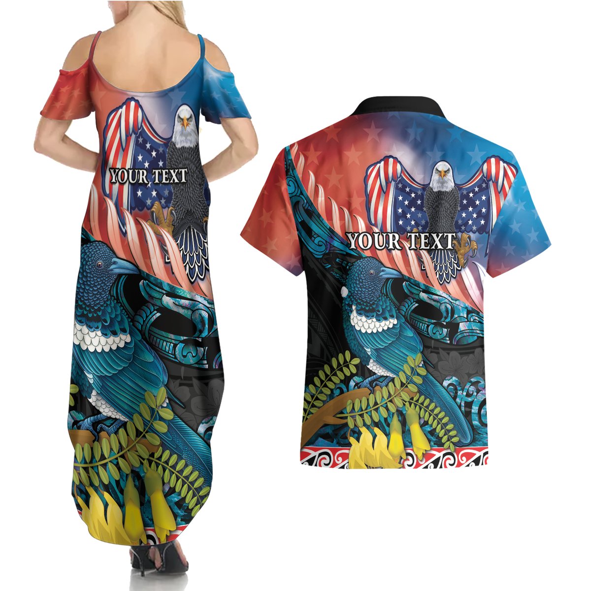 Personalised United States And New Zealand Couples Matching Summer Maxi Dress and Hawaiian Shirt USA Eagle With Kowhai Aotearoa Tui Bird
