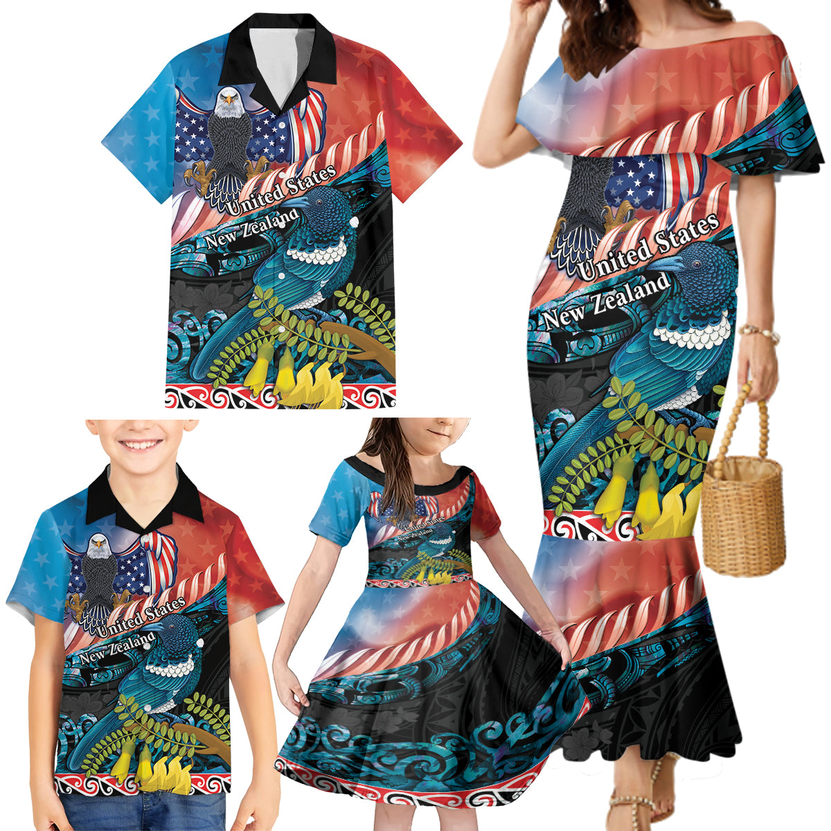 Personalised United States And New Zealand Family Matching Mermaid Dress and Hawaiian Shirt USA Eagle With Kowhai Aotearoa Tui Bird