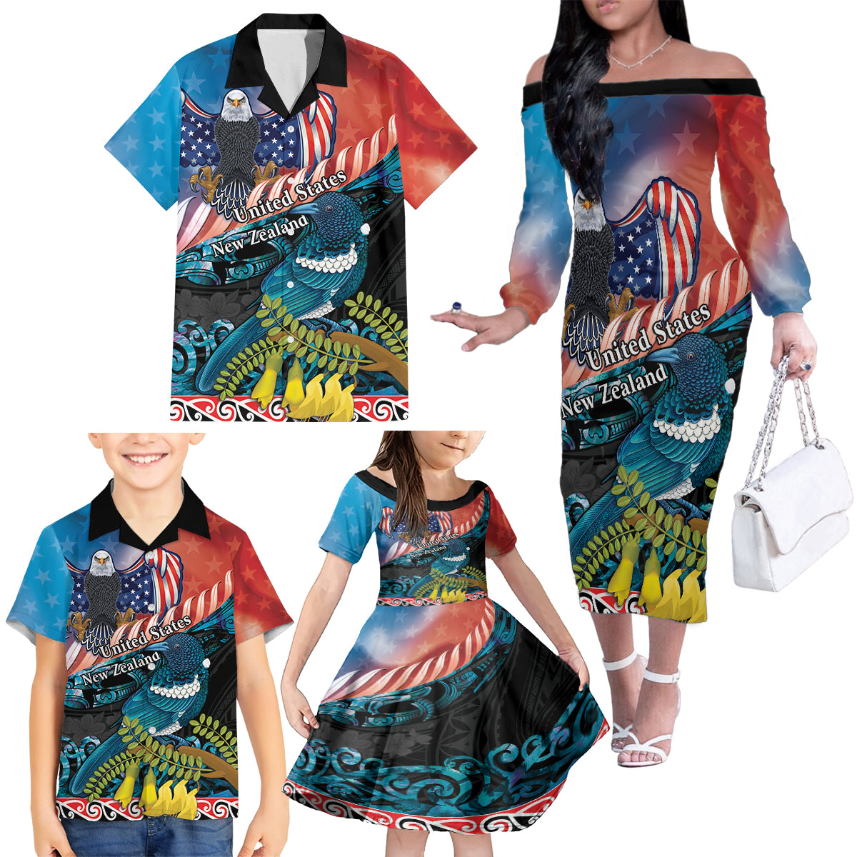 Personalised United States And New Zealand Family Matching Off The Shoulder Long Sleeve Dress and Hawaiian Shirt USA Eagle With Kowhai Aotearoa Tui Bird