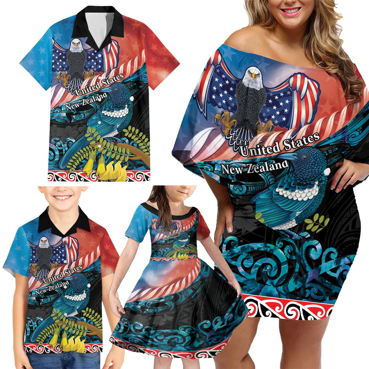 Personalised United States And New Zealand Family Matching Off Shoulder Short Dress and Hawaiian Shirt USA Eagle With Kowhai Aotearoa Tui Bird