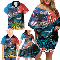 Personalised United States And New Zealand Family Matching Off Shoulder Short Dress and Hawaiian Shirt USA Eagle With Kowhai Aotearoa Tui Bird