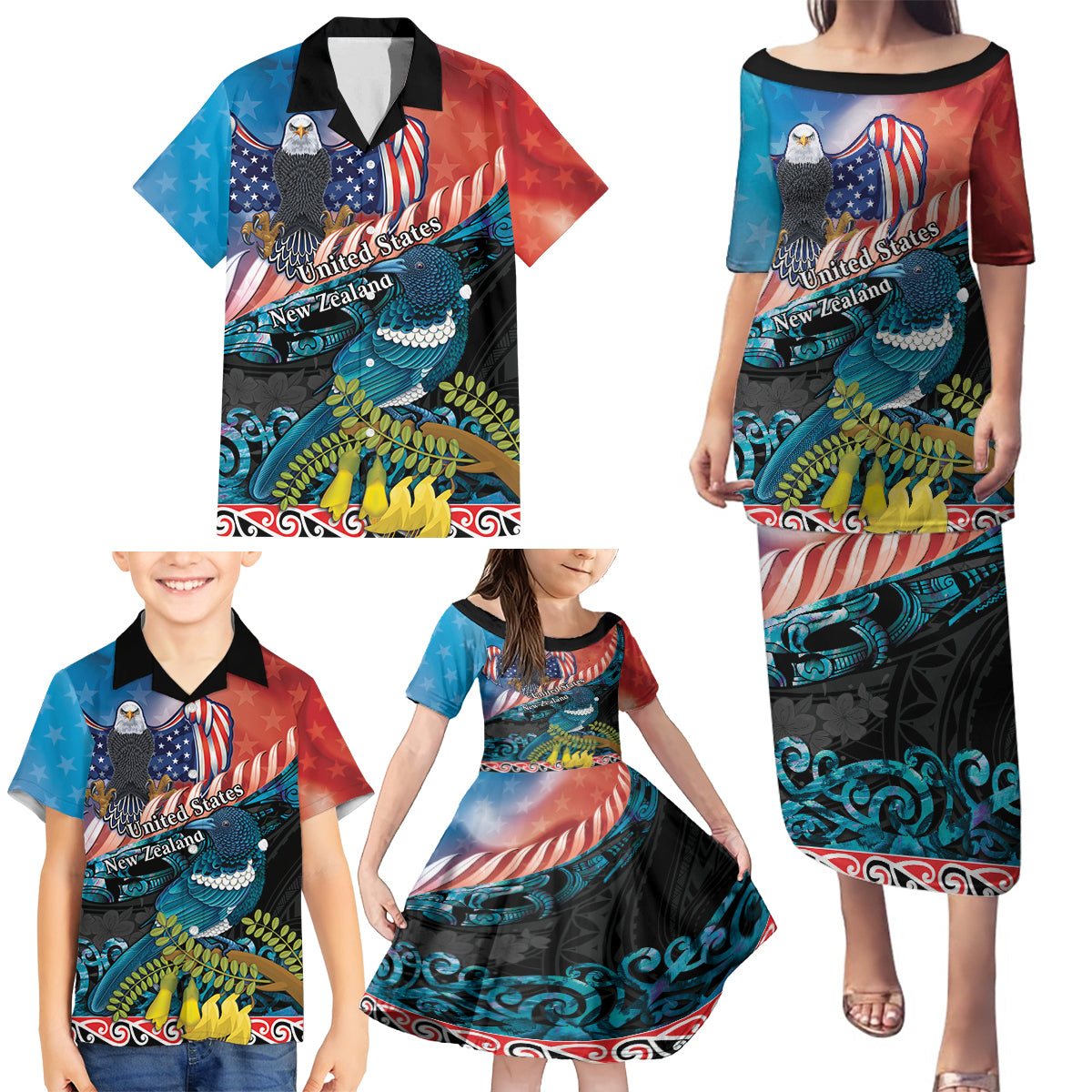 Personalised United States And New Zealand Family Matching Puletasi and Hawaiian Shirt USA Eagle With Kowhai Aotearoa Tui Bird