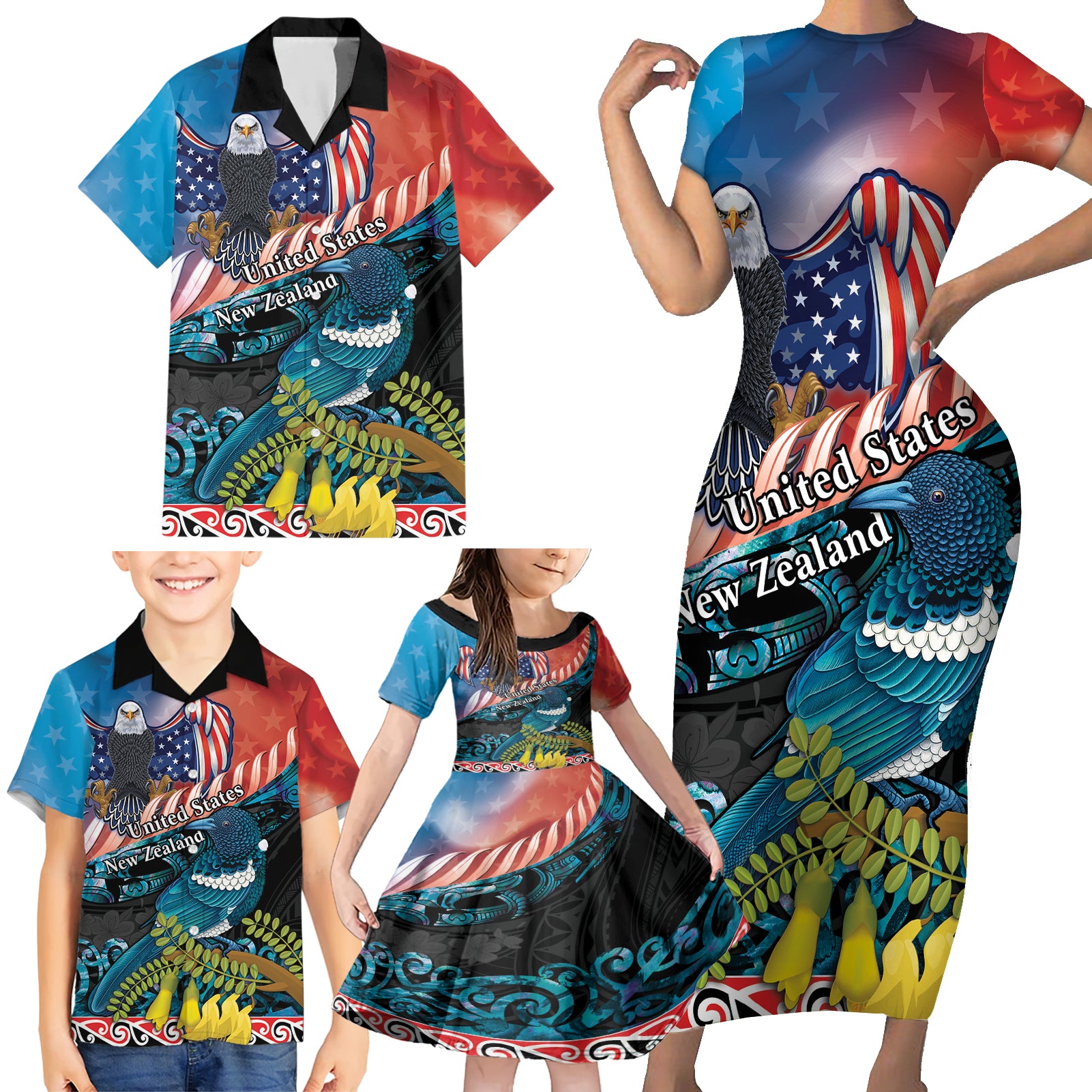 Personalised United States And New Zealand Family Matching Short Sleeve Bodycon Dress and Hawaiian Shirt USA Eagle With Kowhai Aotearoa Tui Bird