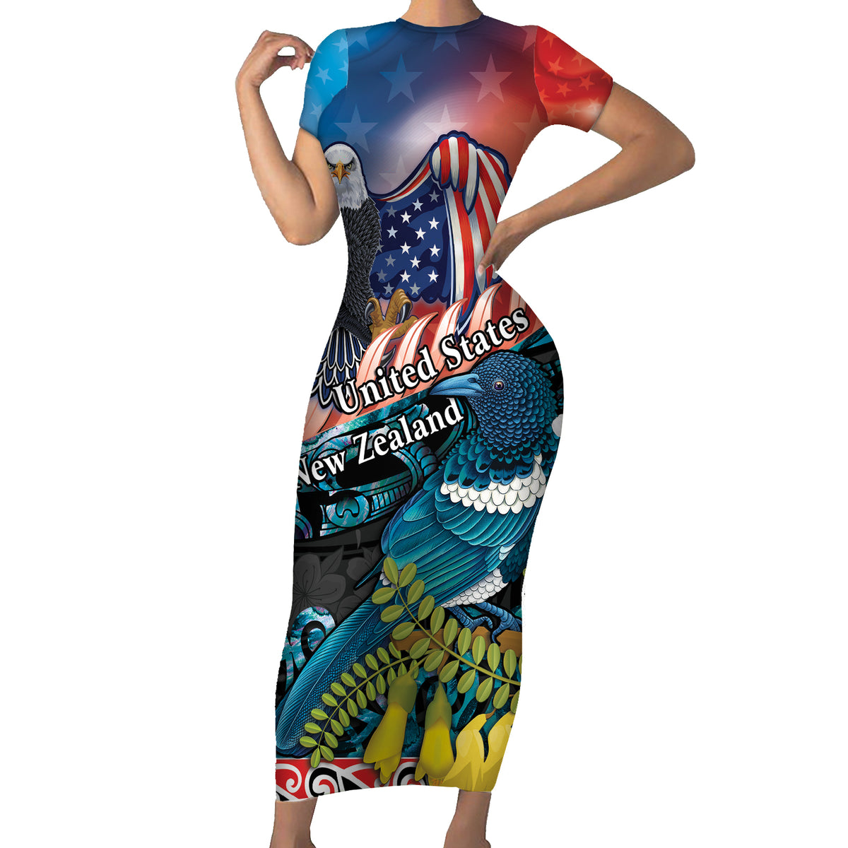 Personalised United States And New Zealand Family Matching Short Sleeve Bodycon Dress and Hawaiian Shirt USA Eagle With Kowhai Aotearoa Tui Bird
