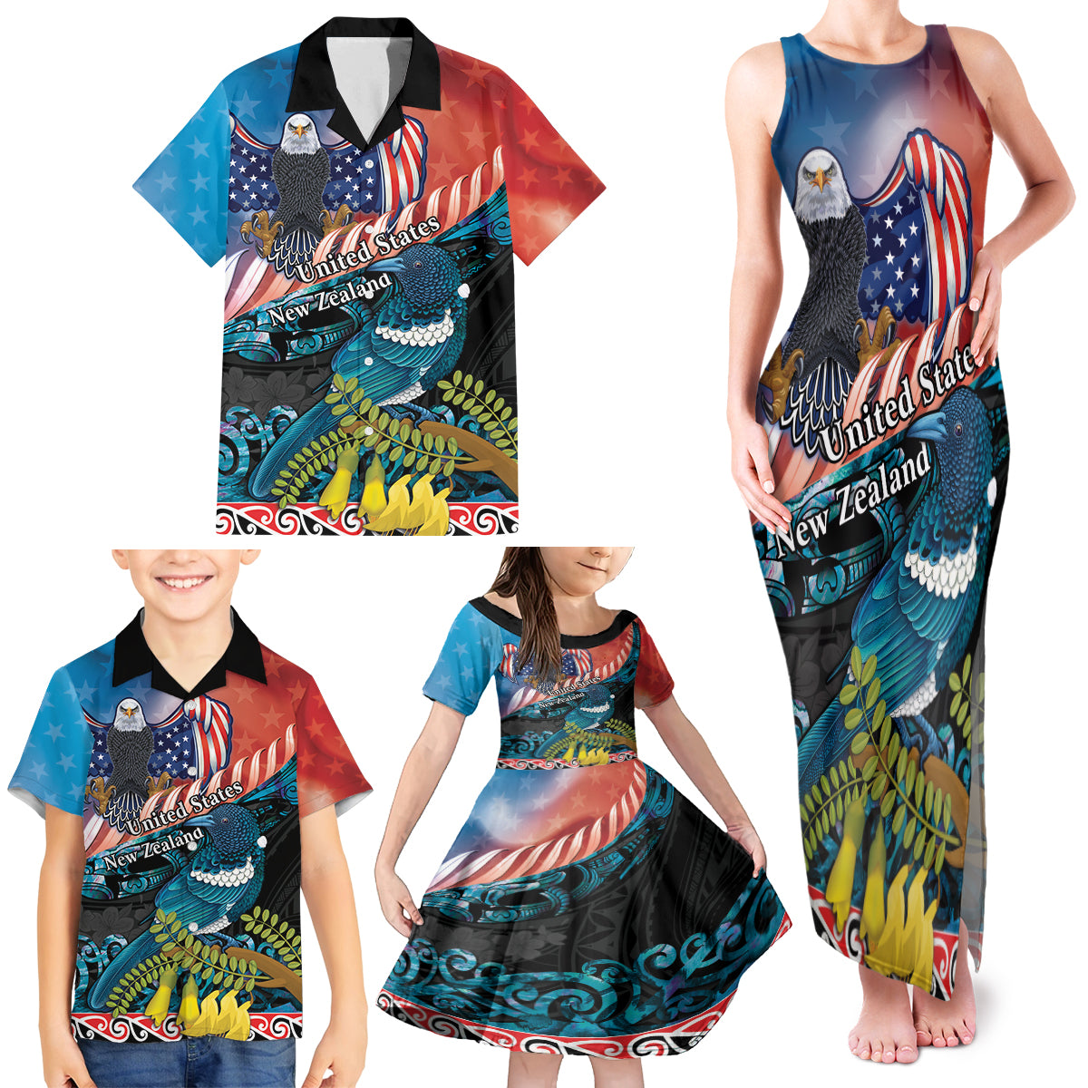 Personalised United States And New Zealand Family Matching Tank Maxi Dress and Hawaiian Shirt USA Eagle With Kowhai Aotearoa Tui Bird