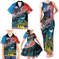 Personalised United States And New Zealand Family Matching Tank Maxi Dress and Hawaiian Shirt USA Eagle With Kowhai Aotearoa Tui Bird