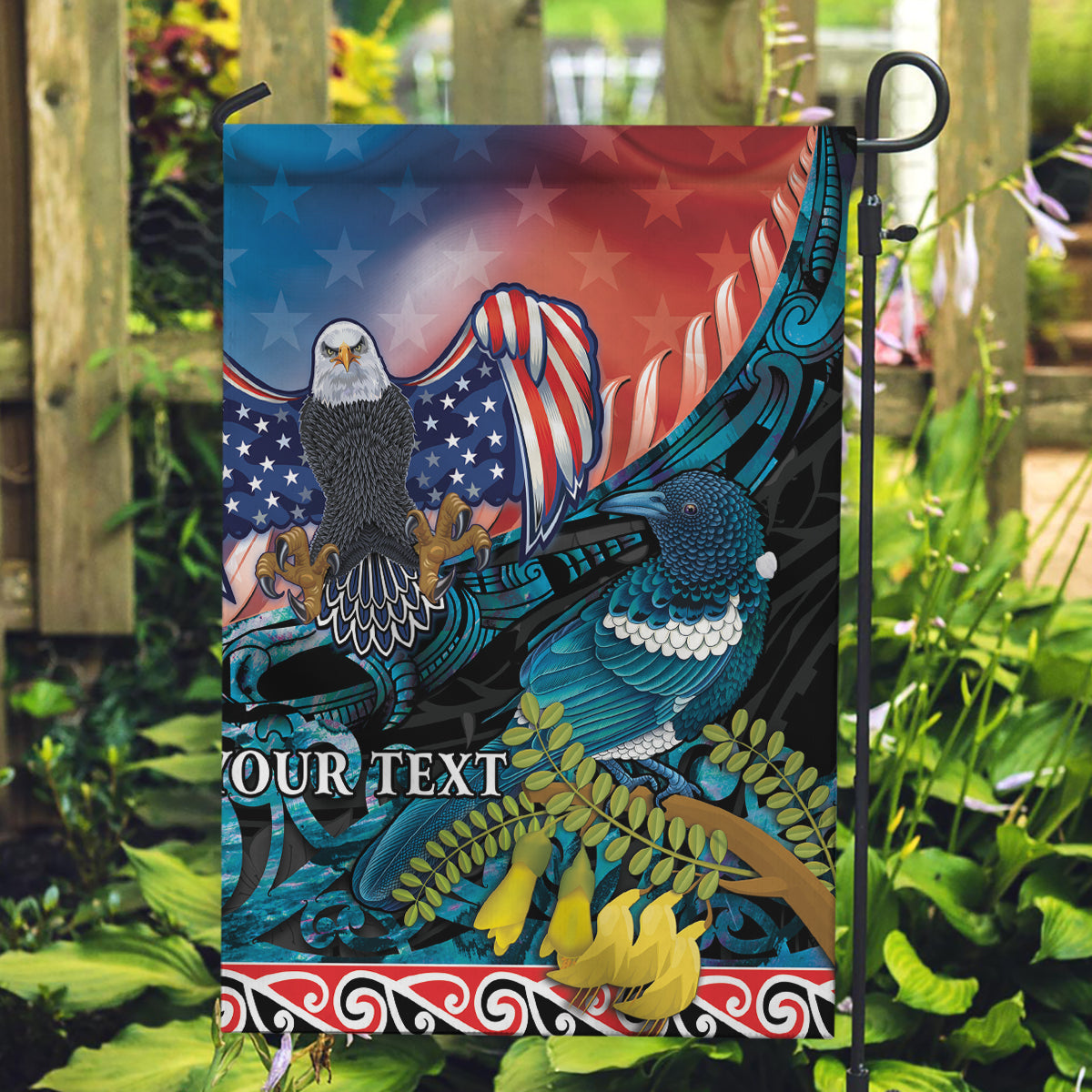 Personalised United States And New Zealand Garden Flag USA Eagle With Kowhai Aotearoa Tui Bird