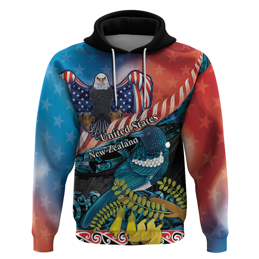 Personalised United States And New Zealand Hoodie USA Eagle With Kowhai Aotearoa Tui Bird LT14 Pullover Hoodie Blue - Polynesian Pride