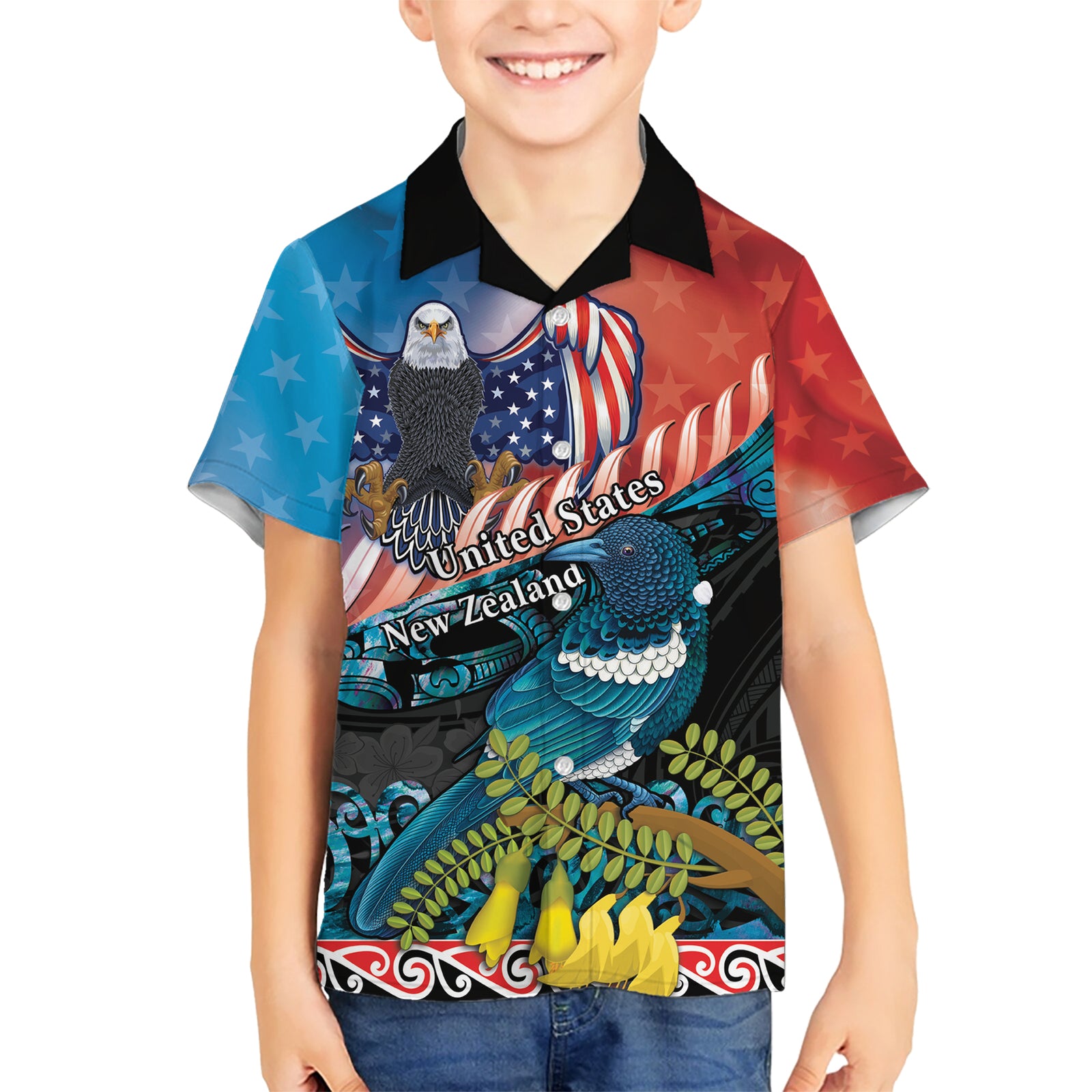 Personalised United States And New Zealand Kid Hawaiian Shirt USA Eagle With Kowhai Aotearoa Tui Bird LT14 Kid Blue - Polynesian Pride