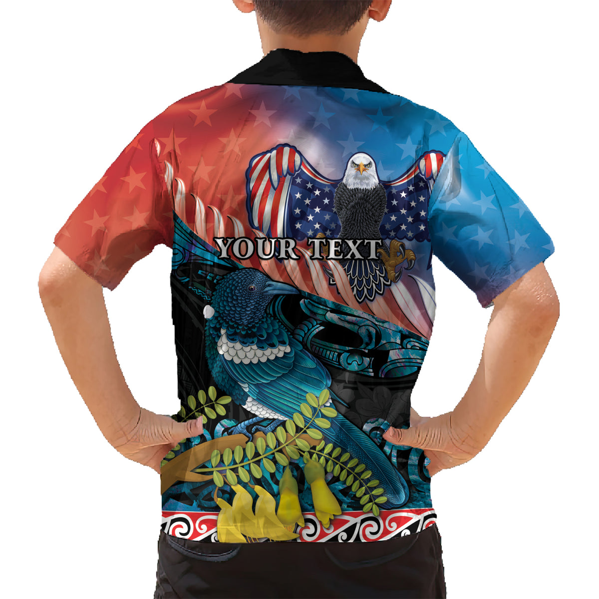 Personalised United States And New Zealand Kid Hawaiian Shirt USA Eagle With Kowhai Aotearoa Tui Bird LT14 - Polynesian Pride