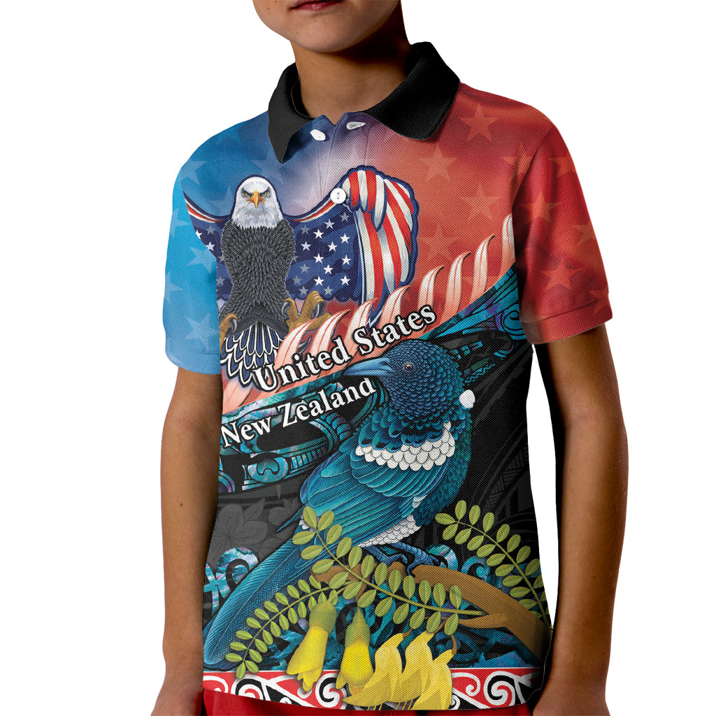 Personalised United States And New Zealand Kid Polo Shirt USA Eagle With Kowhai Aotearoa Tui Bird