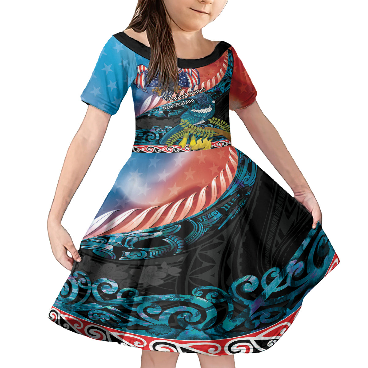 Personalised United States And New Zealand Kid Short Sleeve Dress USA Eagle With Kowhai Aotearoa Tui Bird