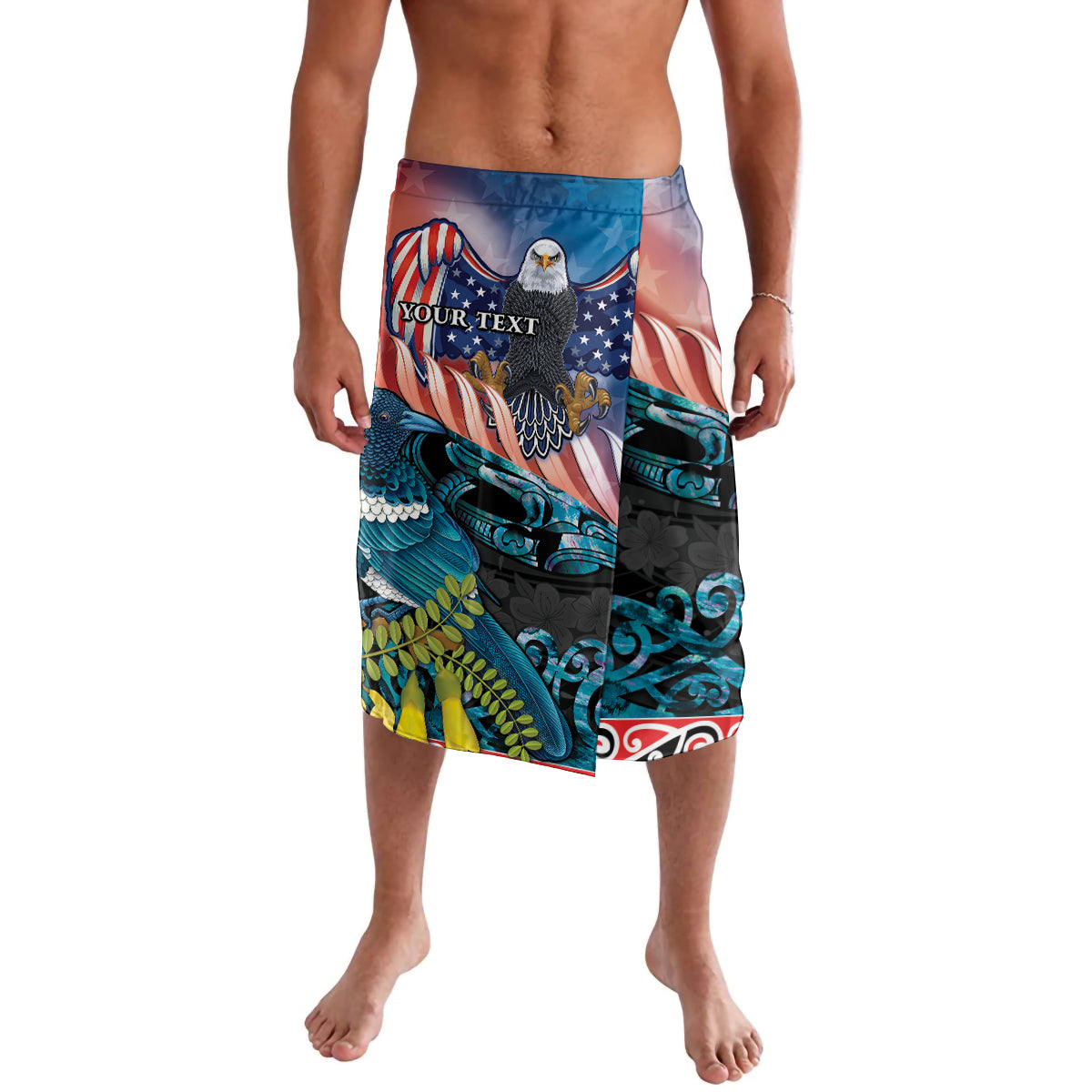 Personalised United States And New Zealand Lavalava USA Eagle With Kowhai Aotearoa Tui Bird LT14 Blue - Polynesian Pride