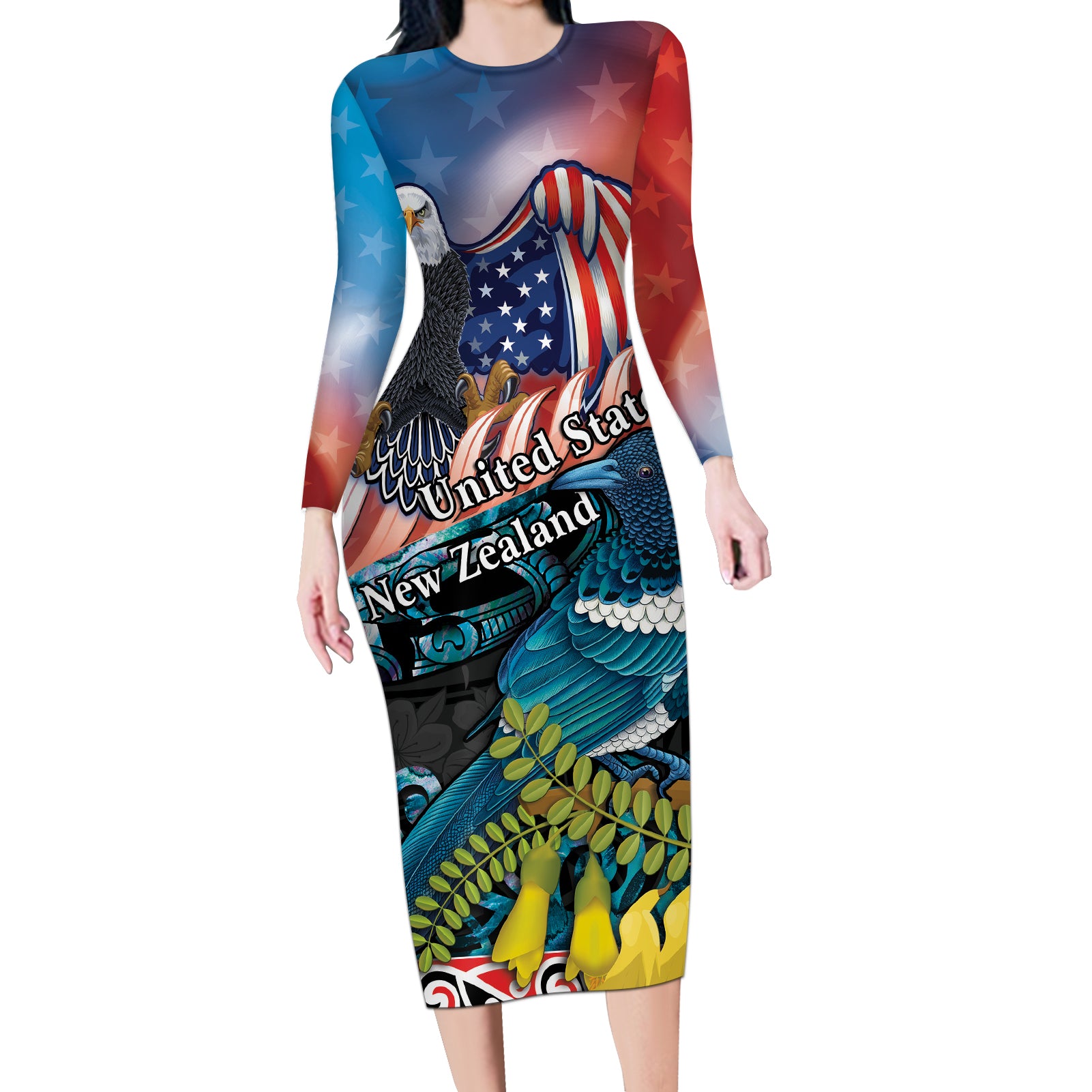 Personalised United States And New Zealand Long Sleeve Bodycon Dress USA Eagle With Kowhai Aotearoa Tui Bird