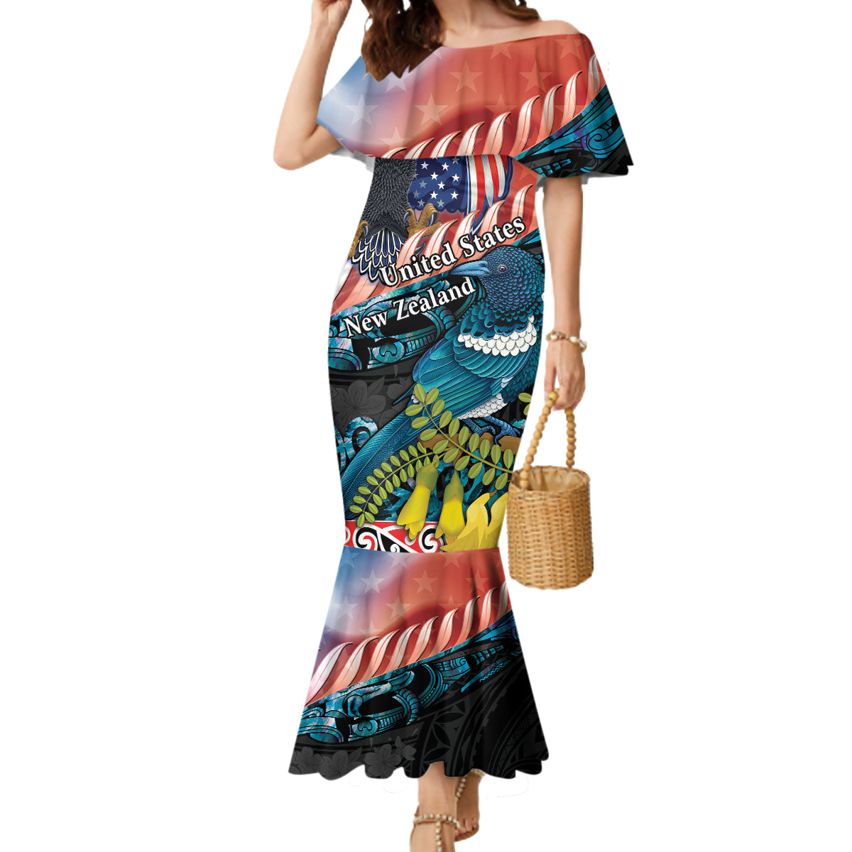 Personalised United States And New Zealand Mermaid Dress USA Eagle With Kowhai Aotearoa Tui Bird