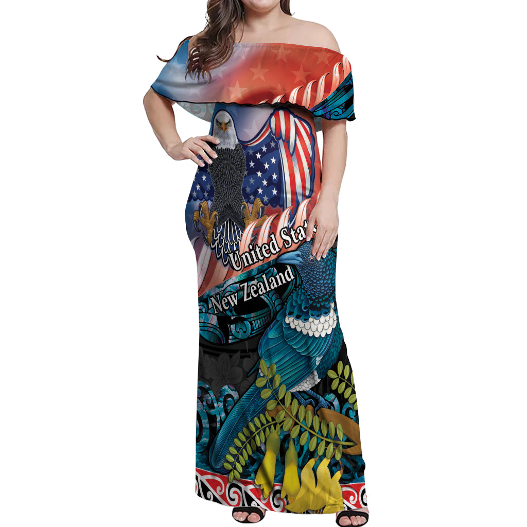 Personalised United States And New Zealand Off Shoulder Maxi Dress USA Eagle With Kowhai Aotearoa Tui Bird