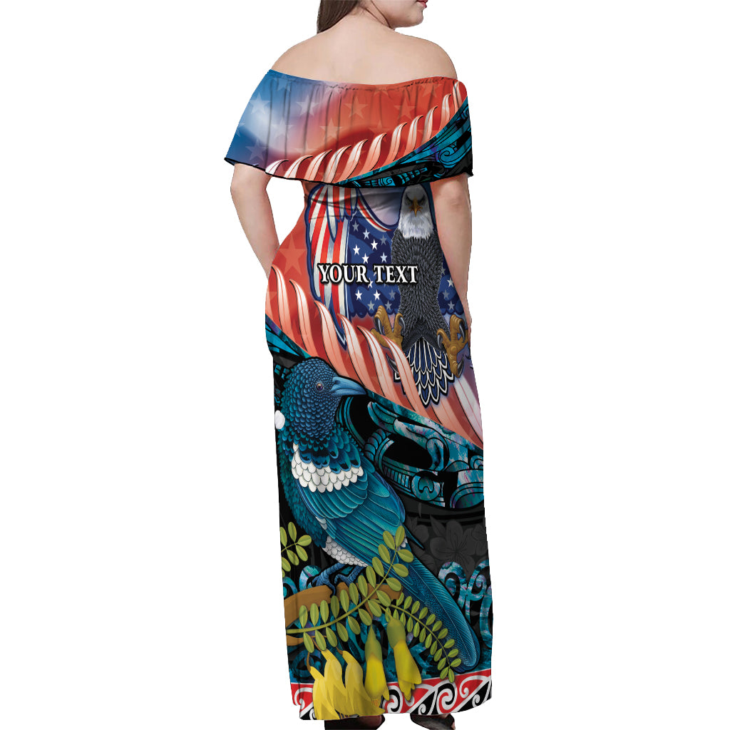 Personalised United States And New Zealand Off Shoulder Maxi Dress USA Eagle With Kowhai Aotearoa Tui Bird