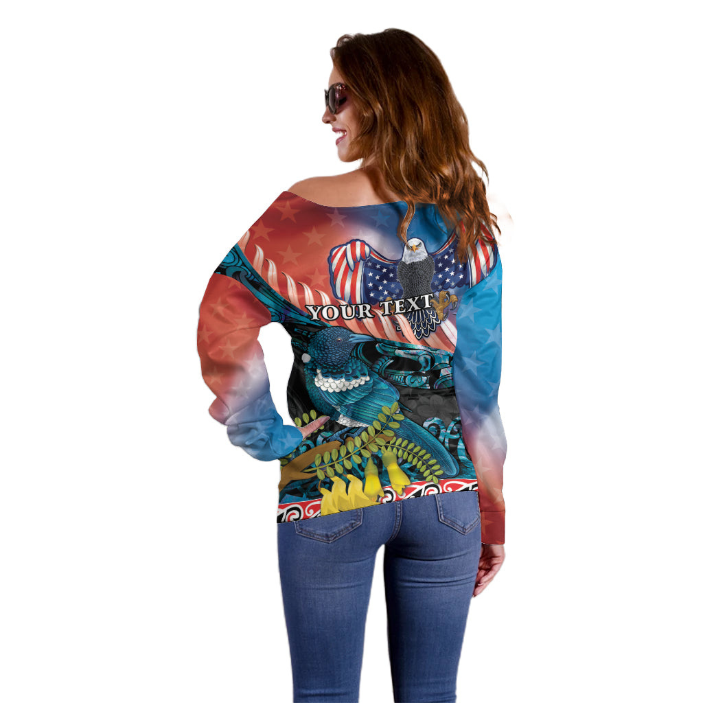 Personalised United States And New Zealand Off Shoulder Sweater USA Eagle With Kowhai Aotearoa Tui Bird
