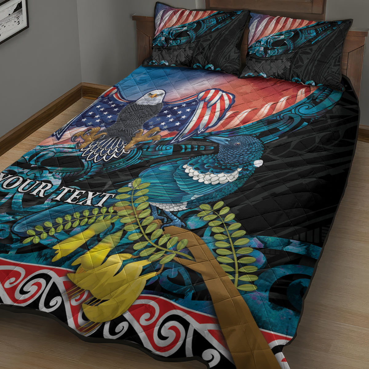 Personalised United States And New Zealand Quilt Bed Set USA Eagle With Kowhai Aotearoa Tui Bird