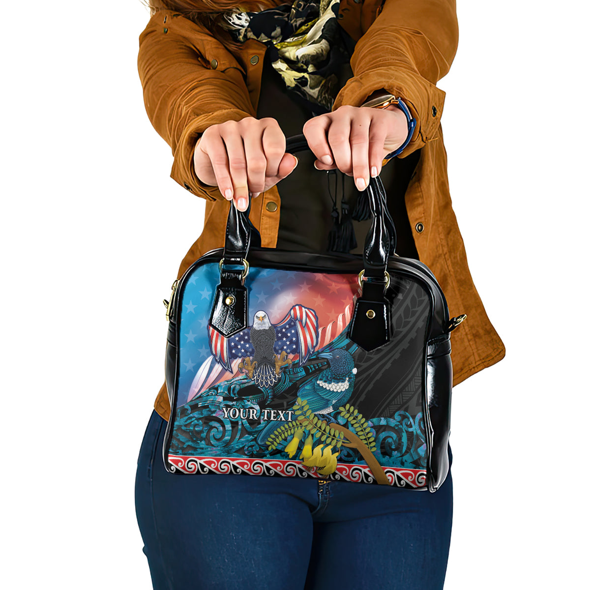 Personalised United States And New Zealand Shoulder Handbag USA Eagle With Kowhai Aotearoa Tui Bird