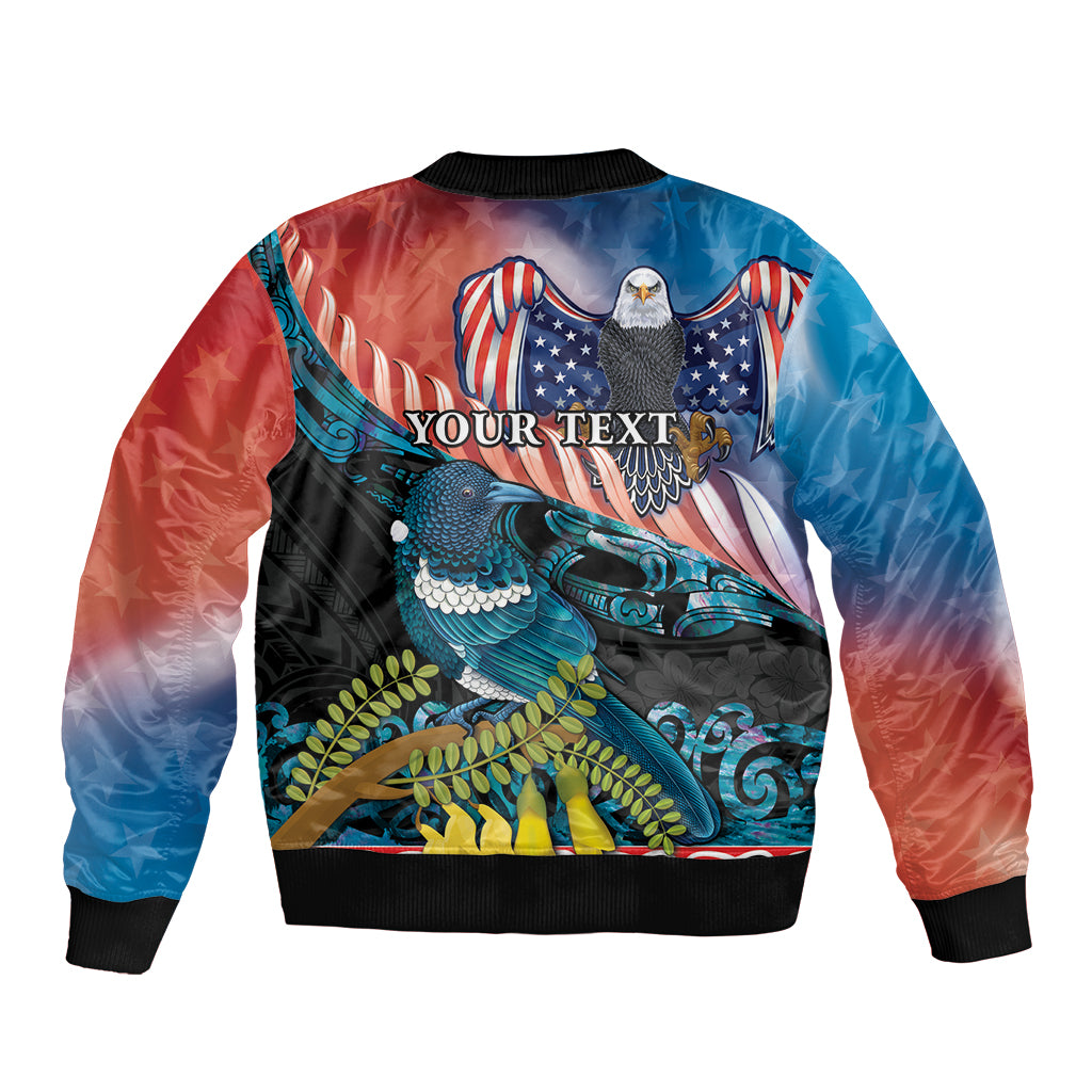 Personalised United States And New Zealand Sleeve Zip Bomber Jacket USA Eagle With Kowhai Aotearoa Tui Bird LT14 - Polynesian Pride