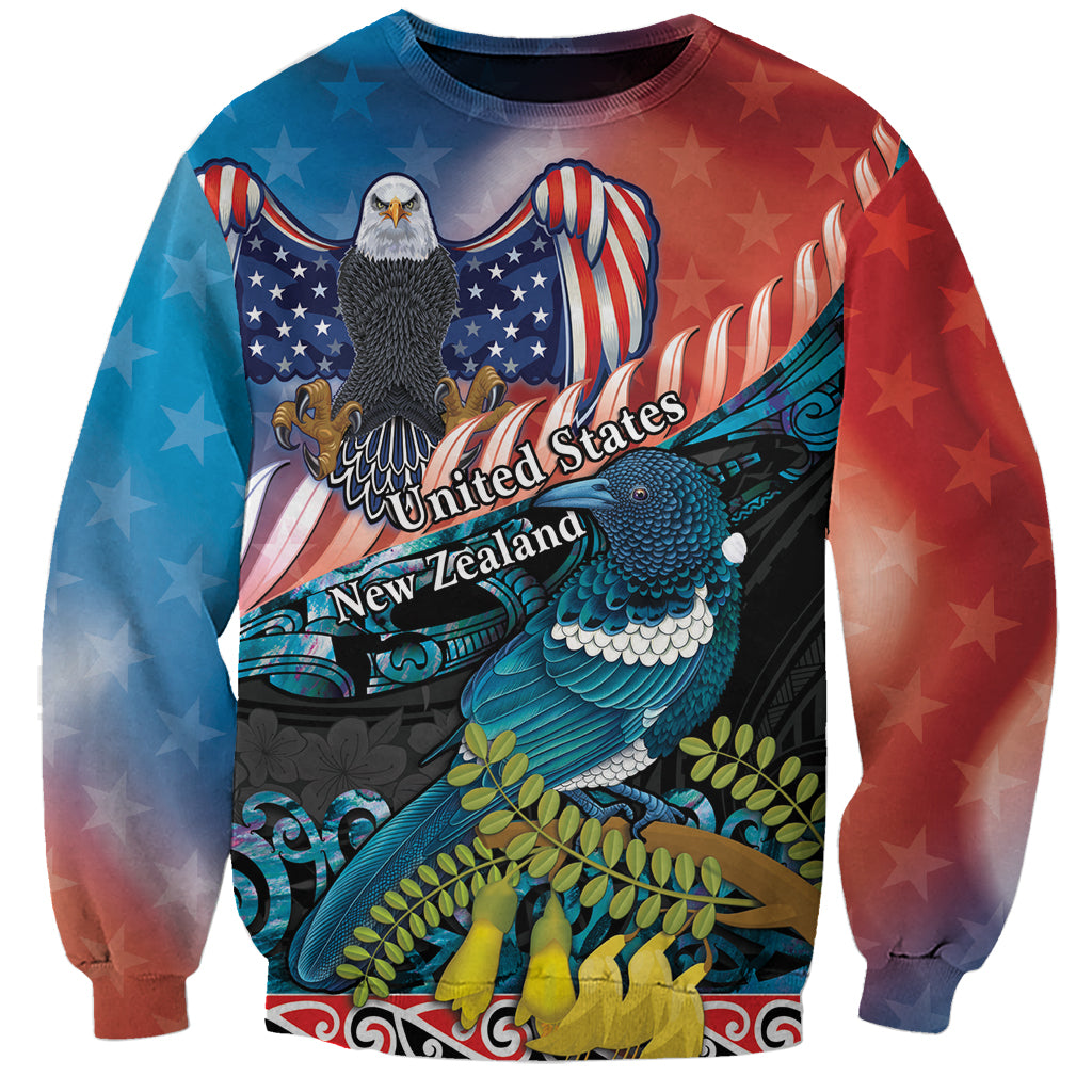 Personalised United States And New Zealand Sweatshirt USA Eagle With Kowhai Aotearoa Tui Bird LT14 Unisex Blue - Polynesian Pride