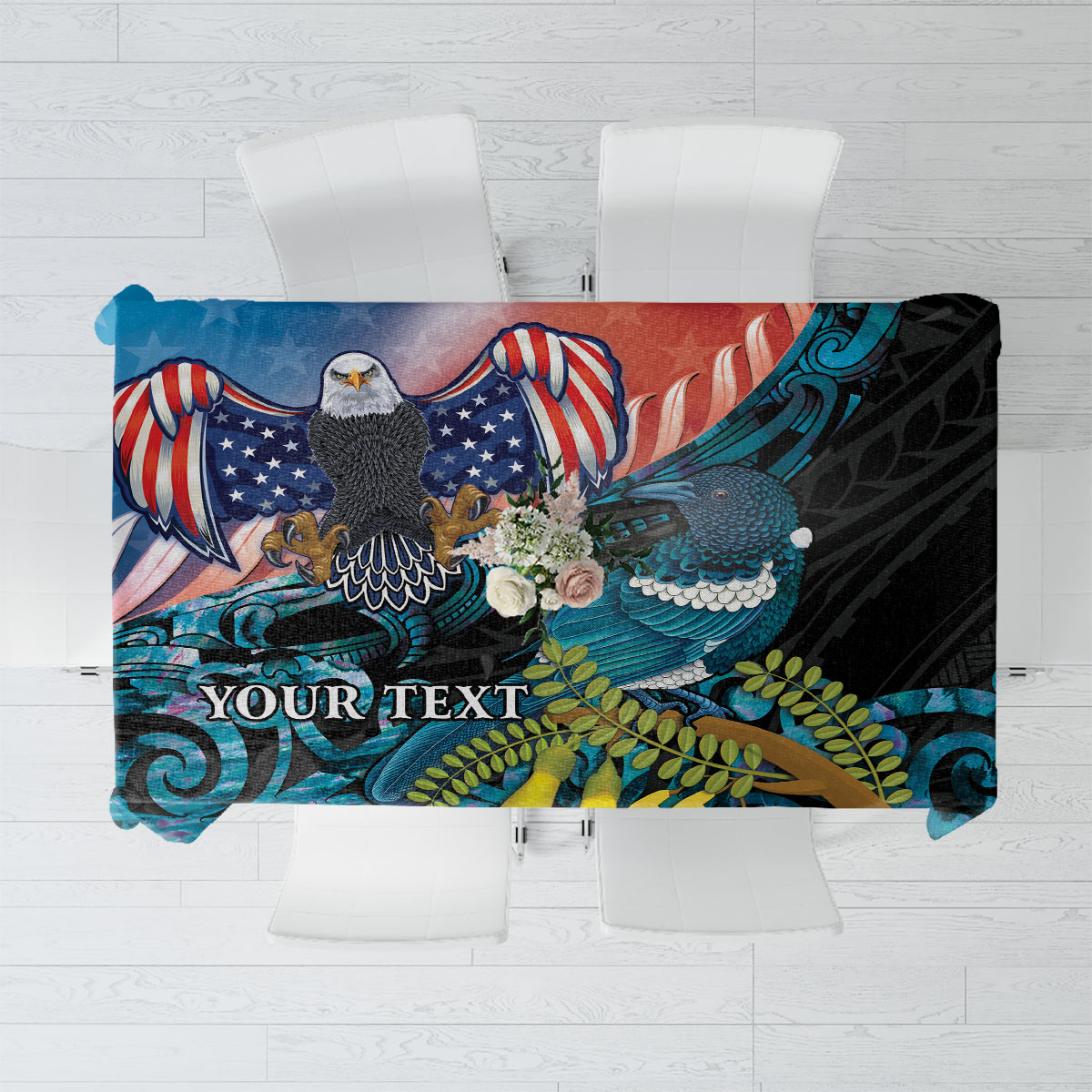 Personalised United States And New Zealand Tablecloth USA Eagle With Kowhai Aotearoa Tui Bird