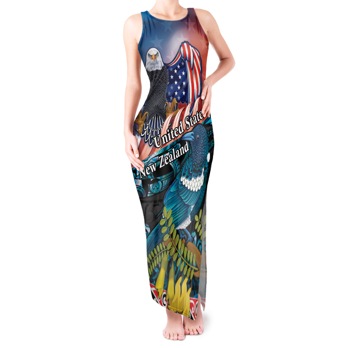 Personalised United States And New Zealand Tank Maxi Dress USA Eagle With Kowhai Aotearoa Tui Bird