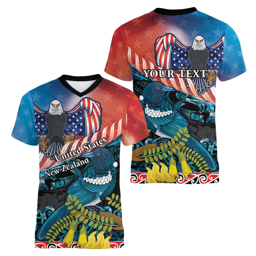 Personalised United States And New Zealand Women V Neck T Shirt USA Eagle With Kowhai Aotearoa Tui Bird