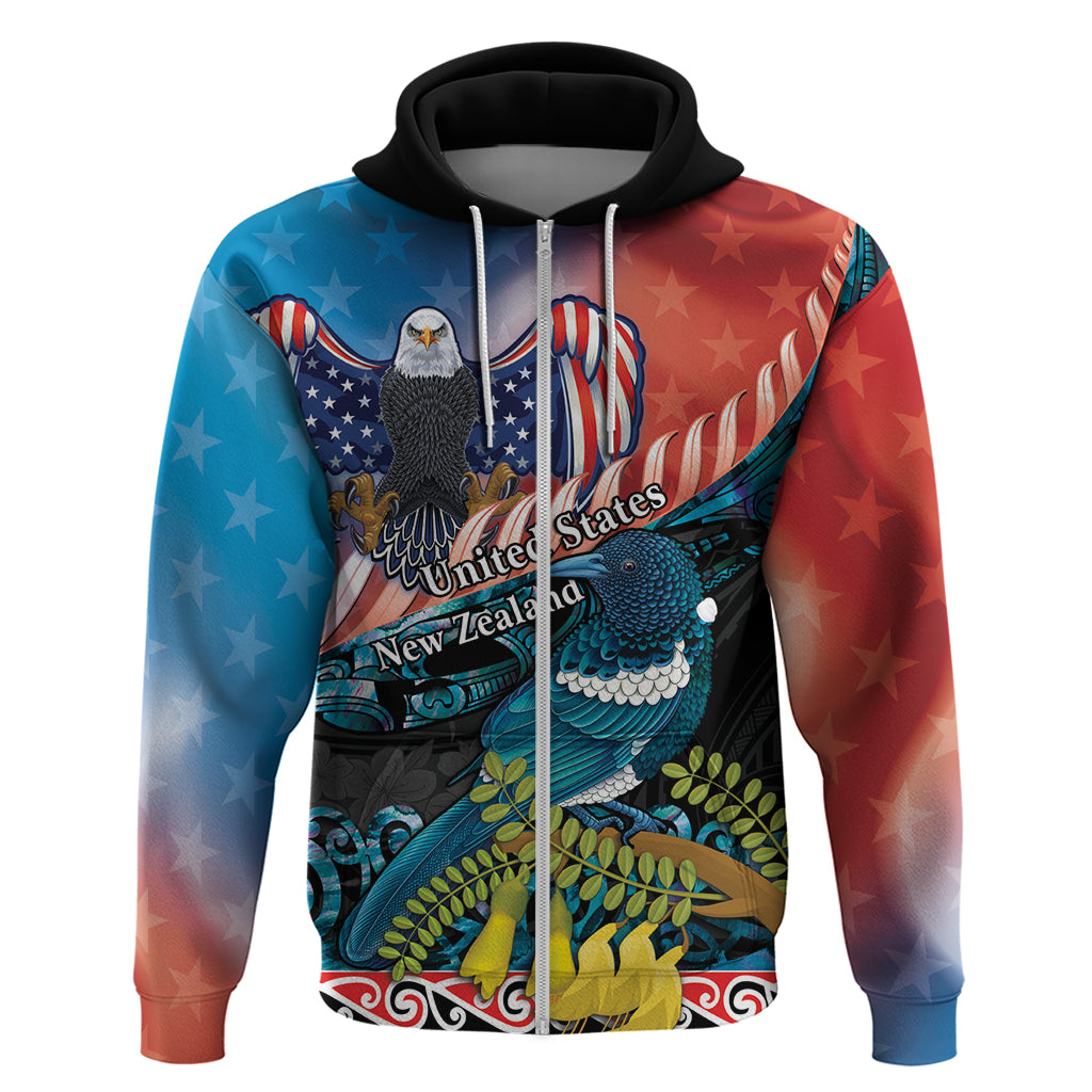 Personalised United States And New Zealand Zip Hoodie USA Eagle With Kowhai Aotearoa Tui Bird