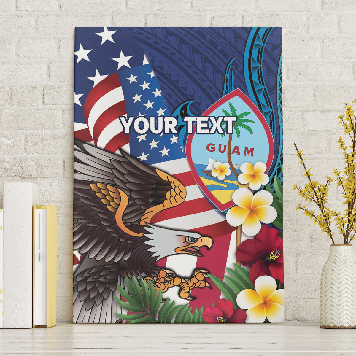 Personalised United States And Guam Canvas Wall Art USA Eagle With Guahan Seal Tropical Vibes