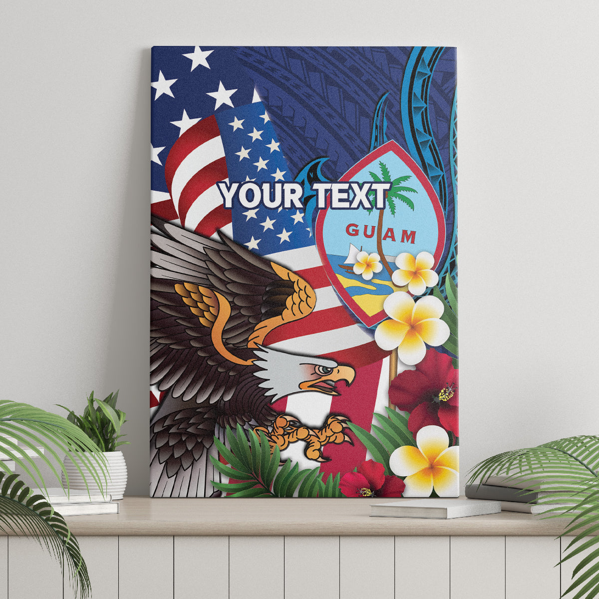 Personalised United States And Guam Canvas Wall Art USA Eagle With Guahan Seal Tropical Vibes
