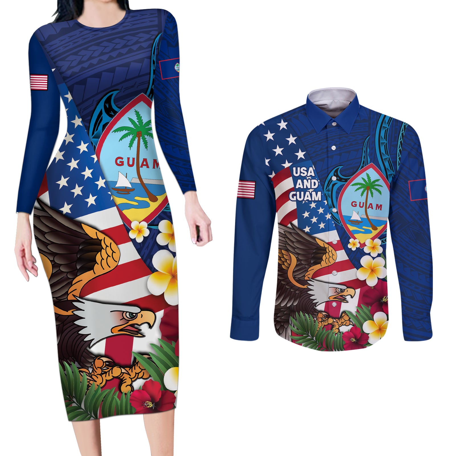 Personalised United States And Guam Couples Matching Long Sleeve Bodycon Dress and Long Sleeve Button Shirt USA Eagle With Guahan Seal Tropical Vibes