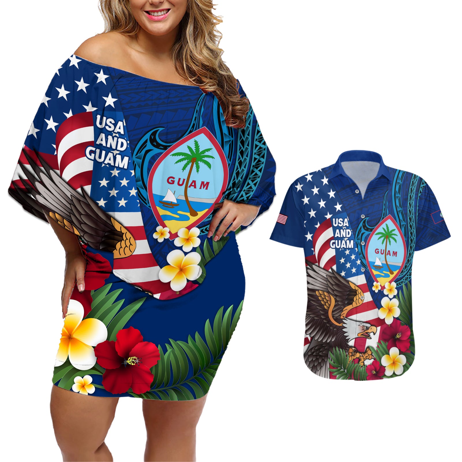 Personalised United States And Guam Couples Matching Off Shoulder Short Dress and Hawaiian Shirt USA Eagle With Guahan Seal Tropical Vibes