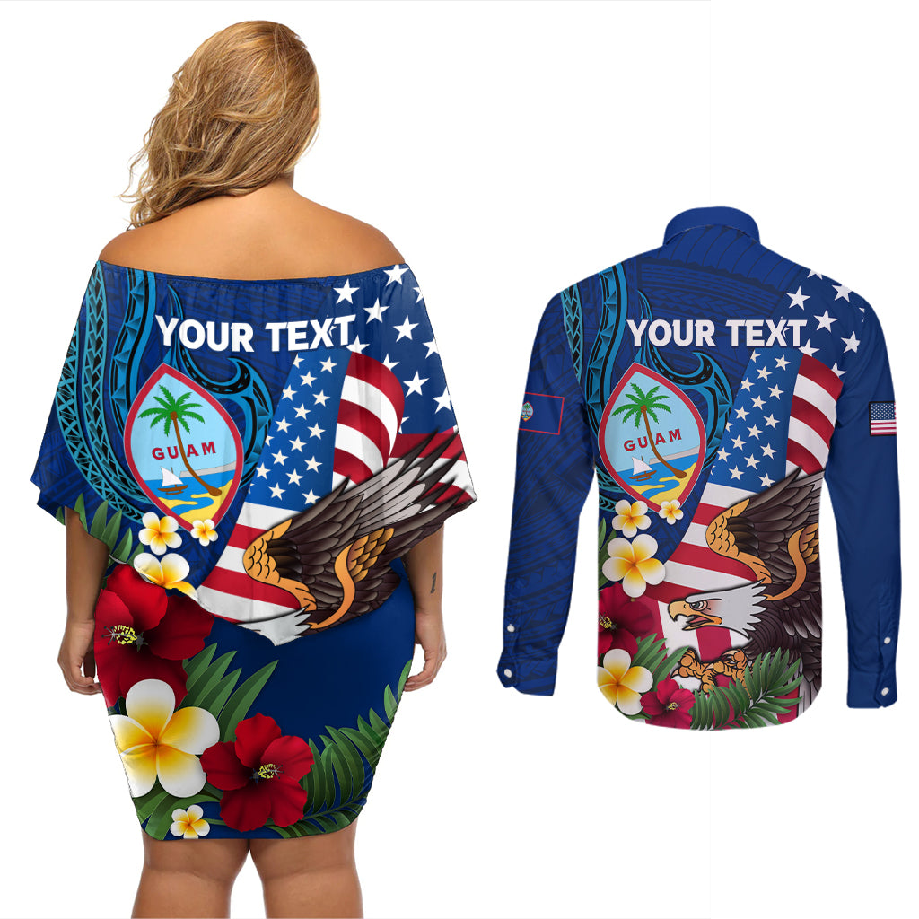 Personalised United States And Guam Couples Matching Off Shoulder Short Dress and Long Sleeve Button Shirt USA Eagle With Guahan Seal Tropical Vibes