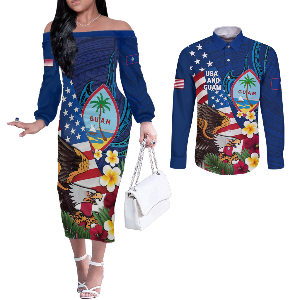 Personalised United States And Guam Couples Matching Off The Shoulder Long Sleeve Dress and Long Sleeve Button Shirt USA Eagle With Guahan Seal Tropical Vibes