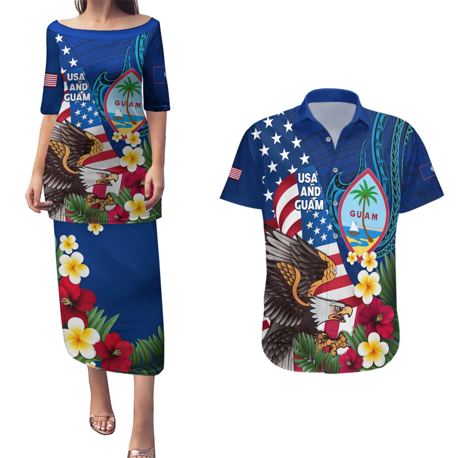 Personalised United States And Guam Couples Matching Puletasi and Hawaiian Shirt USA Eagle With Guahan Seal Tropical Vibes