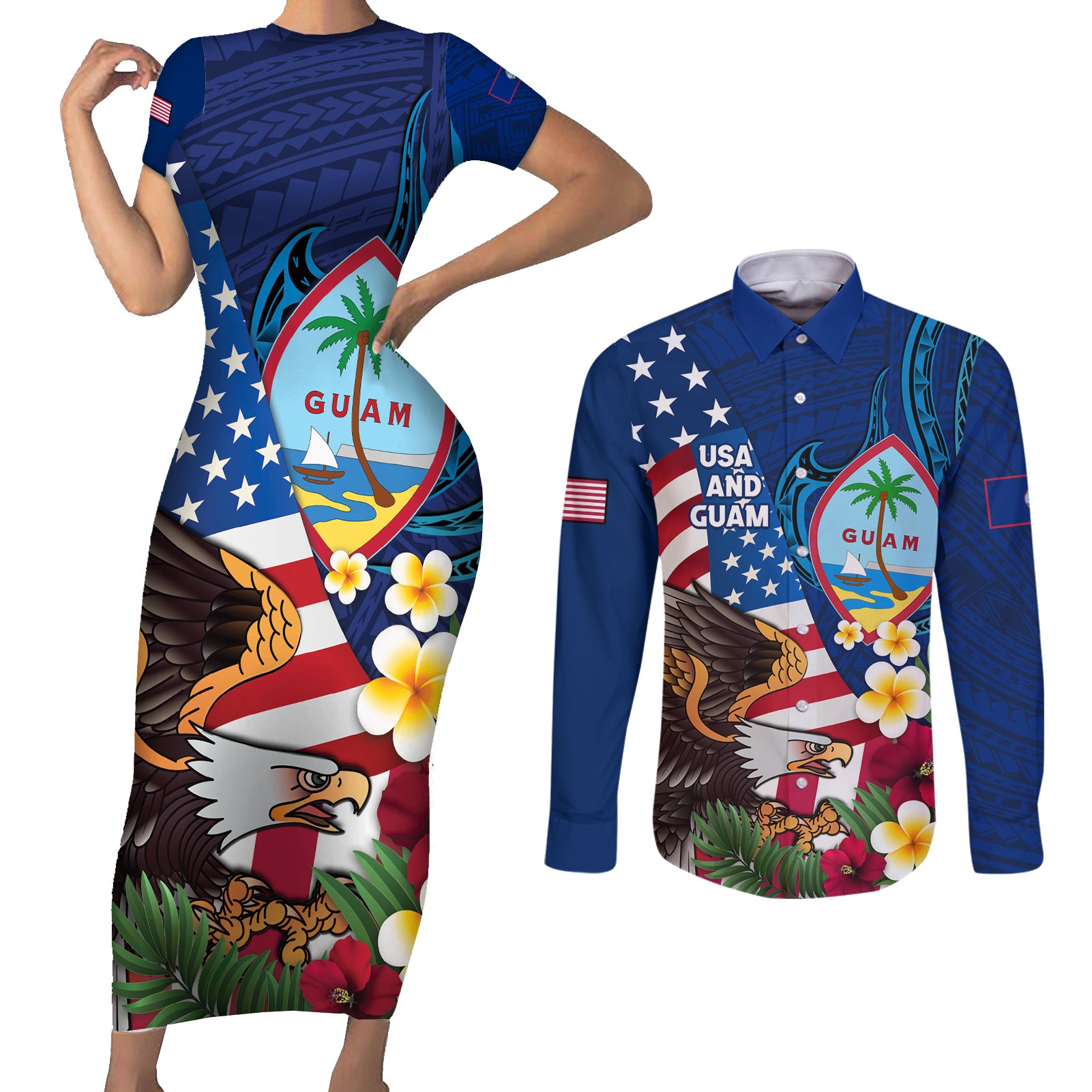 Personalised United States And Guam Couples Matching Short Sleeve Bodycon Dress and Long Sleeve Button Shirt USA Eagle With Guahan Seal Tropical Vibes